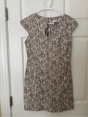 Milly Cream and Brown Geometric Cap-Sleeve Shift Dress Size 4